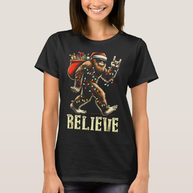 Believe Bigfoot Sasquatch Santa Reindeer Christmas T-Shirt (Front)