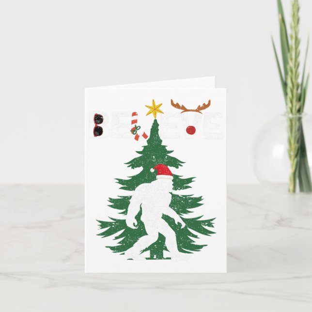 Believe Bigfoot Sasquatch Yeti Santa Hat Christmas Card (Front)