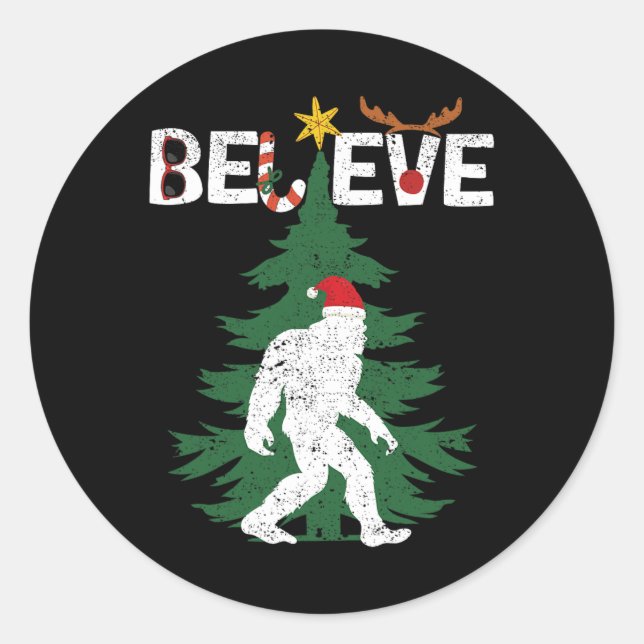 Believe Bigfoot Sasquatch Yeti Santa Hat Christmas Classic Round Sticker (Front)
