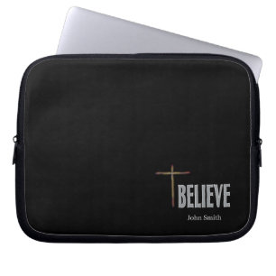 Believe Christian Cross Custom Name Black Laptop Sleeve