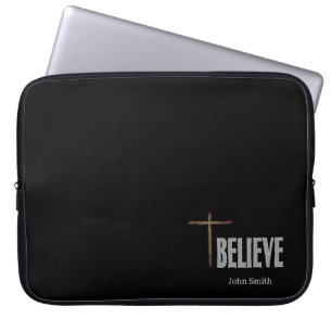 Believe Christian Cross Custom Name Black Laptop Sleeve