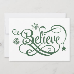 Believe Christmas Card Green Snowflakes Stars
