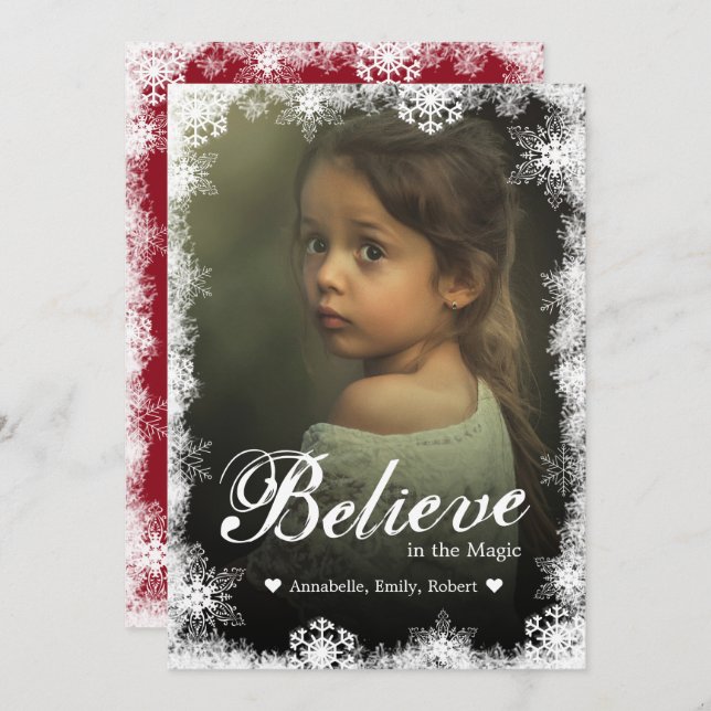 Believe Christmas Cards Modern Snowy Holiday Photo (Front/Back)