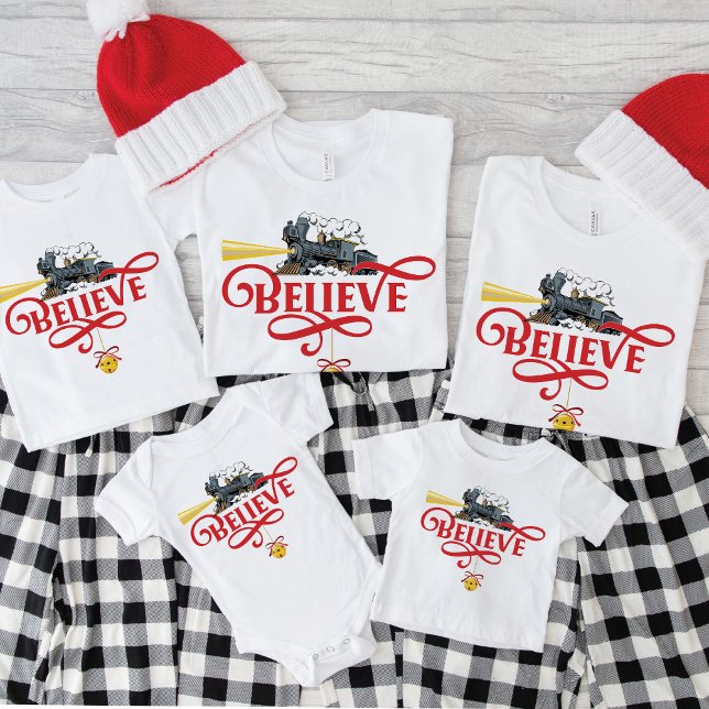 BELIEVE Christmas Express Train Matching Family T-Shirt (Matching Family Christmas T-Shirts, Red Believe, Holiday Express Train, Locomotive, north pole, bell)