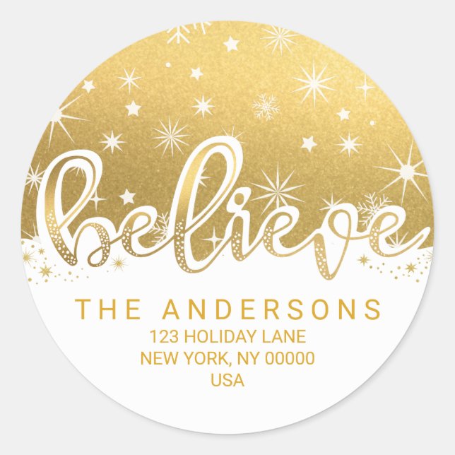 Believe Christmas Gold Handwritten Address Classic Round Sticker (Front)