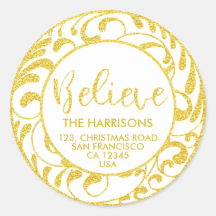 Believe Christmas Gold Handwritten Return Address Classic Round Sticker