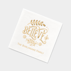 “Believe” Christmas Greeting with Family Name Foil Napkins