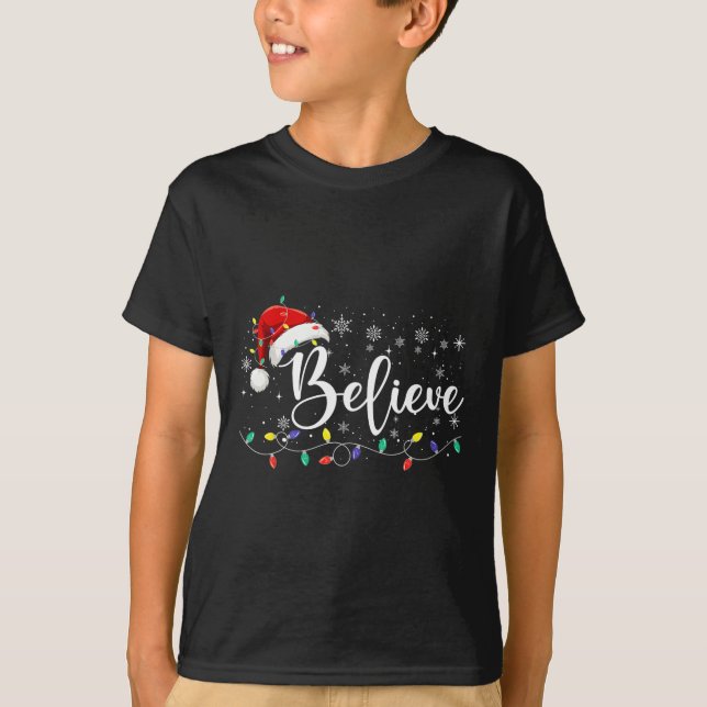 Believe Christmas Lights Red Santa Hat Xmas Family T-Shirt (Front)