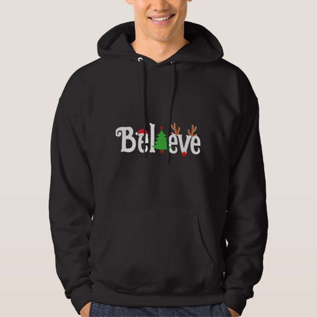 Believe Christmas Reindeer Santa Tree Fun Matching Hoodie (Front)