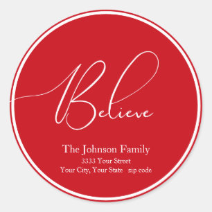 Believe Christmas Round Red Return Address Label