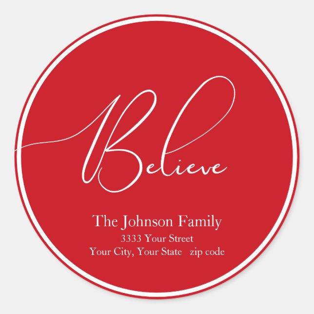 Believe Christmas Round Red Return Address Label (Front)