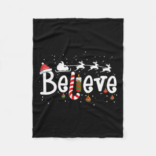 Believe Christmas Santa Claus Reindeer Candy Cane Fleece Blanket