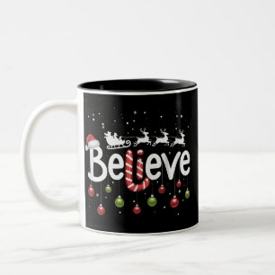 Believe Christmas Santa Claus Reindeer Candy Cane  Two-Tone Coffee Mug