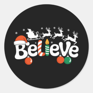 Believe Christmas Santa Sleigh Reindeer Candy Cane Classic Round Sticker