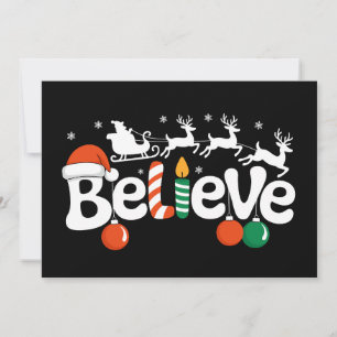 Believe Christmas Santa Sleigh Reindeer Candy Cane Holiday Card