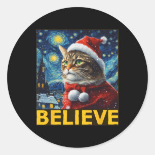 Believe Christmas Shirt Starry Night Van Gogh Cat Classic Round Sticker