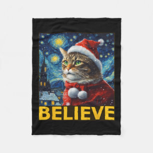 Believe Christmas Shirt Starry Night Van Gogh Cat Fleece Blanket