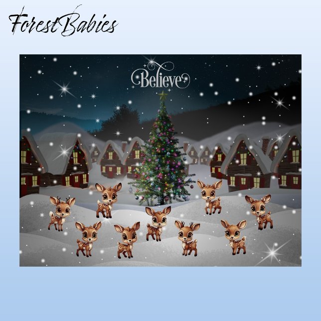 Believe Christmas Snow Winter Wonderland Scene🦌🎄 Postcard ("Believe" Personalizable Postcard, Merry Christmas and Happy New Year Xmas Deer Village Scene 🦌🎄❄️)