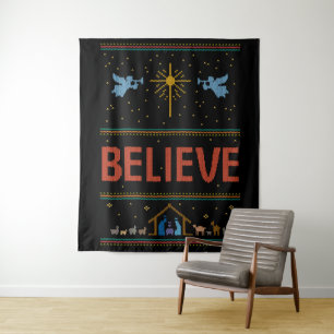 BELIEVE Christmas Sweater Christian God Jesus Tapestry