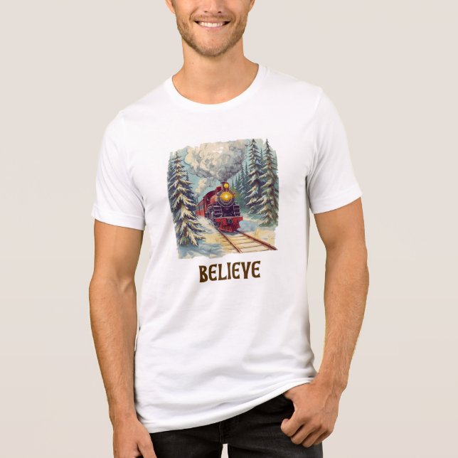 Believe Christmas Train T-Shirt | Holiday Gift | Tri-Blend Shirt (Front)