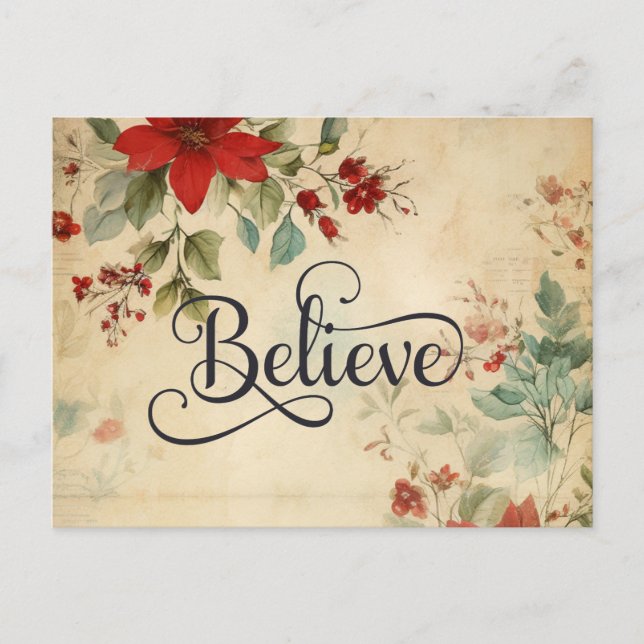 'Believe' Christmas Vintage Poinsettia Bible Verse Holiday Postcard (Front)