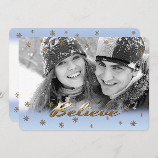 Believe. Custom Photo Christmas Flat Card (Front/Back)