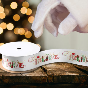 BELIEVE Cute Santa Typography Christmas Satin Ribbon