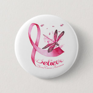 Believe Dragonfly Pink Ribbon Breast Cancer 6 Cm Round Badge