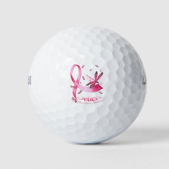 Believe Dragonfly Pink Ribbon Breast Cancer Golf Balls (Front)
