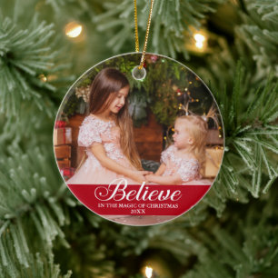Believe Elegant Calligraphy Family Photo Red Ceramic Tree Decoration
