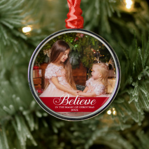 Believe Elegant Calligraphy Family Photo Red Metal Tree Decoration