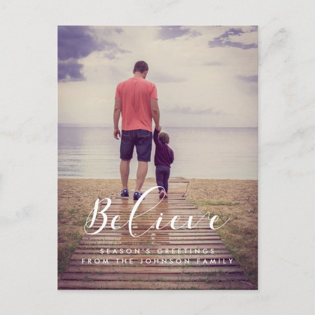Believe Elegant hand lettering holiday photo Postcard (Front)