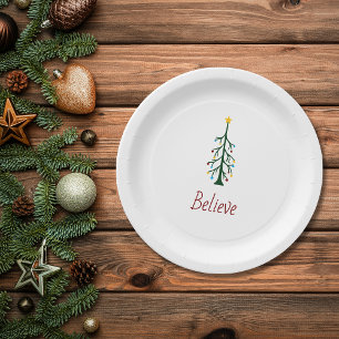 Believe Evergreen Tree Modern Christmas Party  Paper Plate