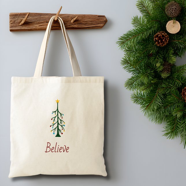 Believe Evergreen Tree Modern Christmas Tote Bag (Creator Uploaded)