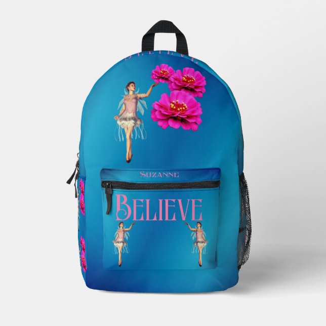Believe Fairy And Pink Flowers Inspirational Printed Backpack (Front)