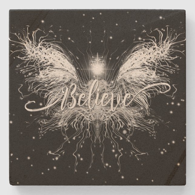 Believe Fairy Starlight Fantasy Black Stone Coaster (Front)