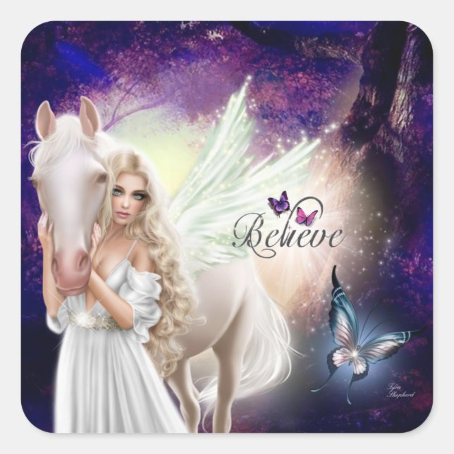 Believe Fantasy Fairy Angel with White Horse Square Sticker (Front)