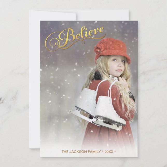 BELIEVE Faux Gold Foil Chic Holiday Photo Card (Front)