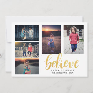 Believe Faux Gold Typography Holiday Five Photos Card