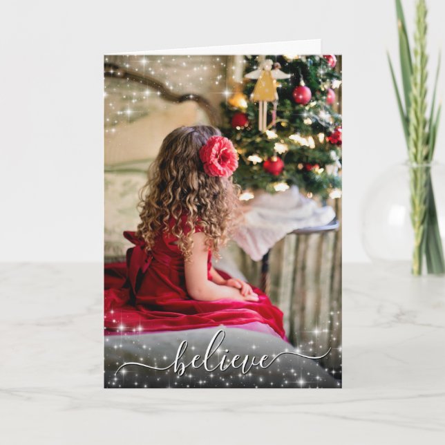 Believe. Festive Sparkles Photo Overlay Christmas Holiday Card (Front)