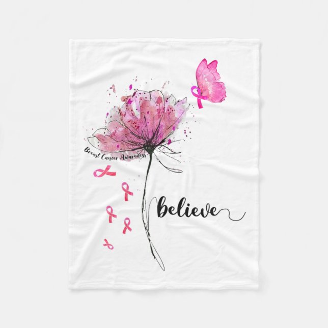 Believe Flower Butterfly Pink Ribbon Breast Cancer Fleece Blanket (Front)