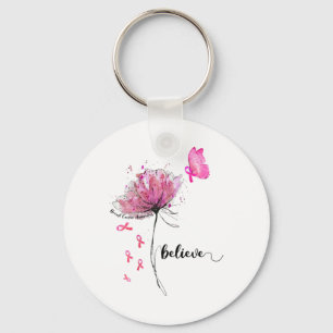 Believe Flower Butterfly Pink Ribbon Breast Cancer Key Ring