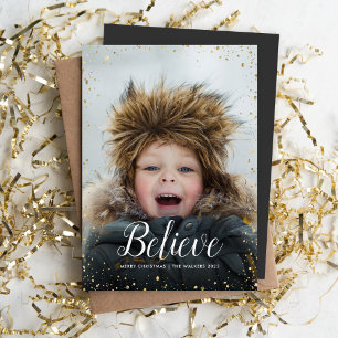 Believe   Glitz Faux Glitter Photo Overlay Holiday Card
