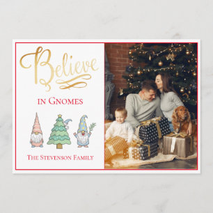 Believe Gnomes Gold Script Photo Glitter Holiday Card