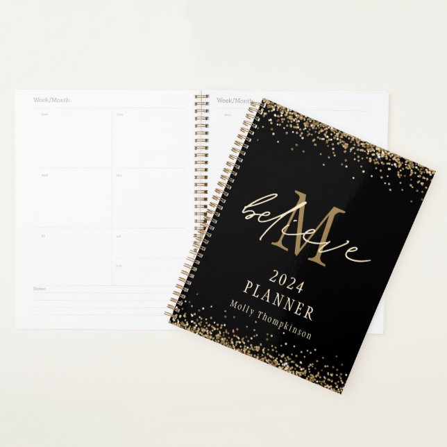 Believe Gold Glitter 2024 Monogram Name Black Planner (Display)