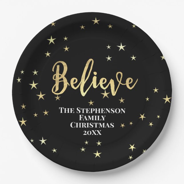 Believe Gold Stars Christmas Paper Plate (Front)