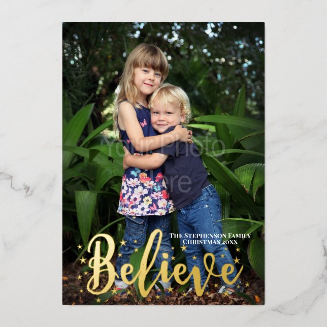 Believe Gold Stars Christmas Photo Holiday Card (Front)