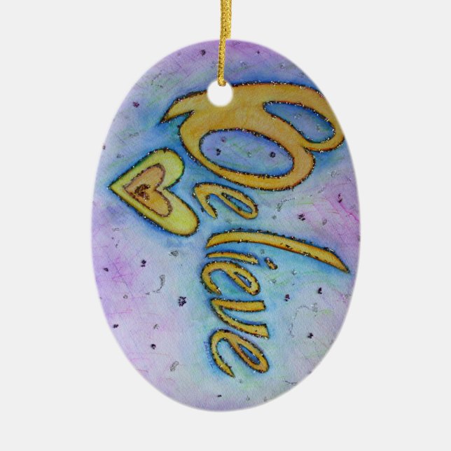 Believe Heart Word Art Holiday Gift Ornament (Front)
