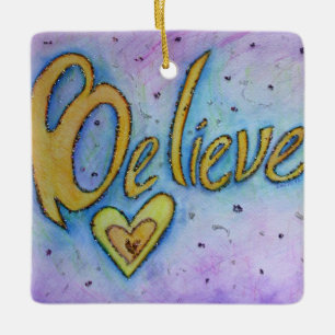 Believe Heart Word Art Holiday Gift Ornaments