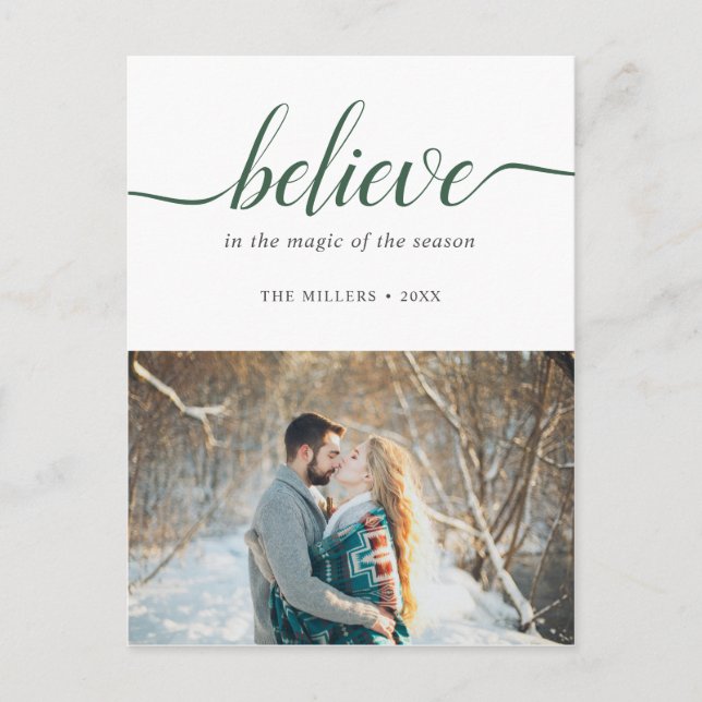 Believe Holiday Green Handwritten Font White Photo (Front)